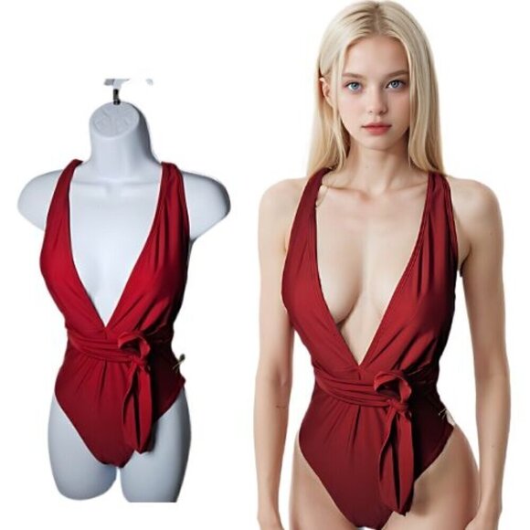 150.🆕Med Deep V Neck Crisscross Back Self Tie Red Swimsuit NWOT - Picture 1 of 9